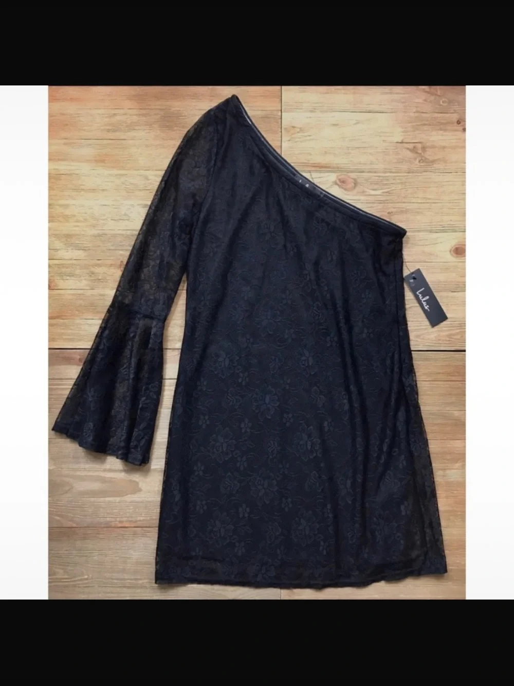 Lulus Black Floral Lace One Shoulder Bell Sleeve Mini Dress XS NWT